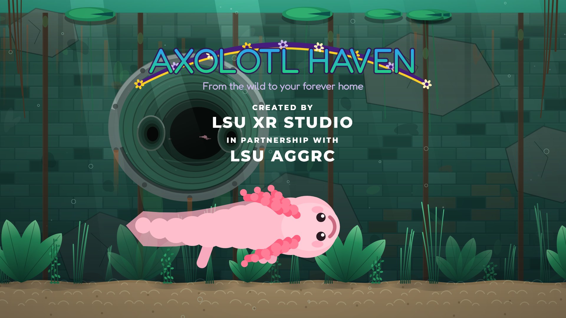 Axolotl Haven title screen: a pink axolotl in a Xochimilco canal beneath the game wordmark.